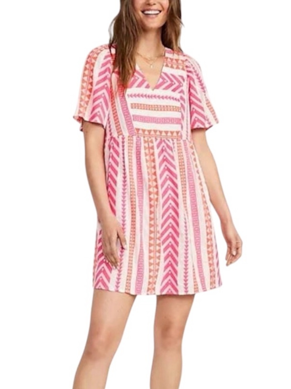Old Navy Pink Orange Tribal Print Mini Swing Dress Boho Aztec Flutter Sleeve